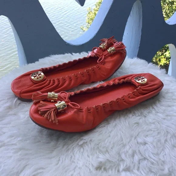 Tory Burch Brazen Burnt Orange Reese Mestico Leather Tasseled Ballet Flats - Picture 6 of 11
